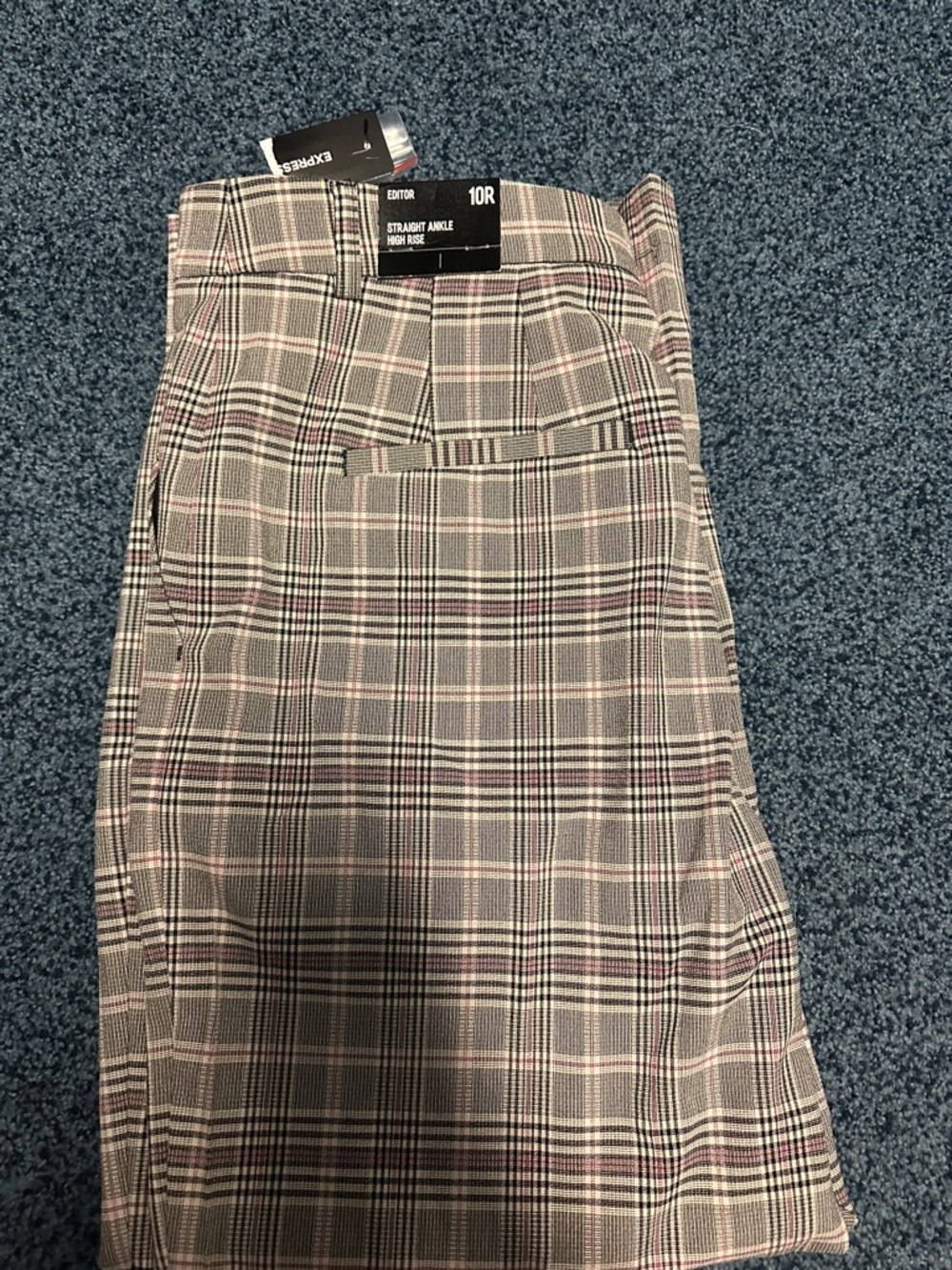 Express Plaid Straight Ankle Pants - Gray with Pink Accent